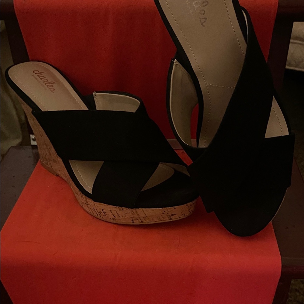 Charles By Charles David Black Cork Wedge Sandals with Crisscross Straps